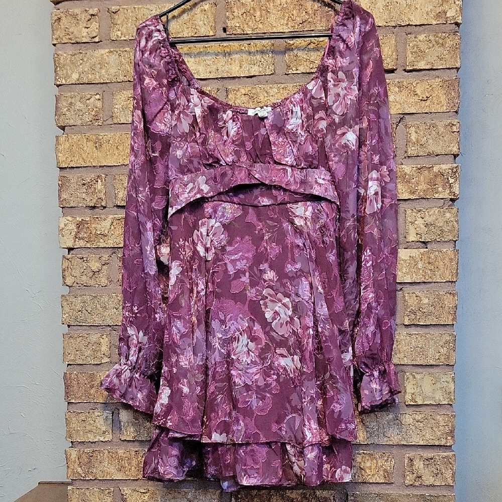 Charmed Hearts Floral Chiffon Babydoll Mini Dress XL Long Sleeve